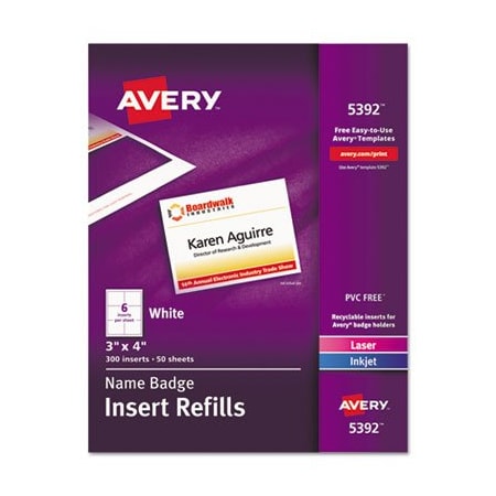 Avery Dennison Avery, NAME BADGE INSERT REFILLS, HORIZONTAL/VERTICAL, 3 X 4, WHITE, 300PK 5392